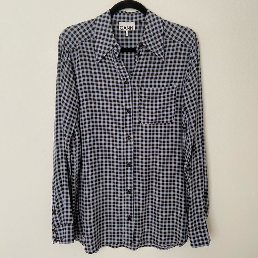 Ganni Blue Check Print Button Down Collared Shirt Gingham size 38